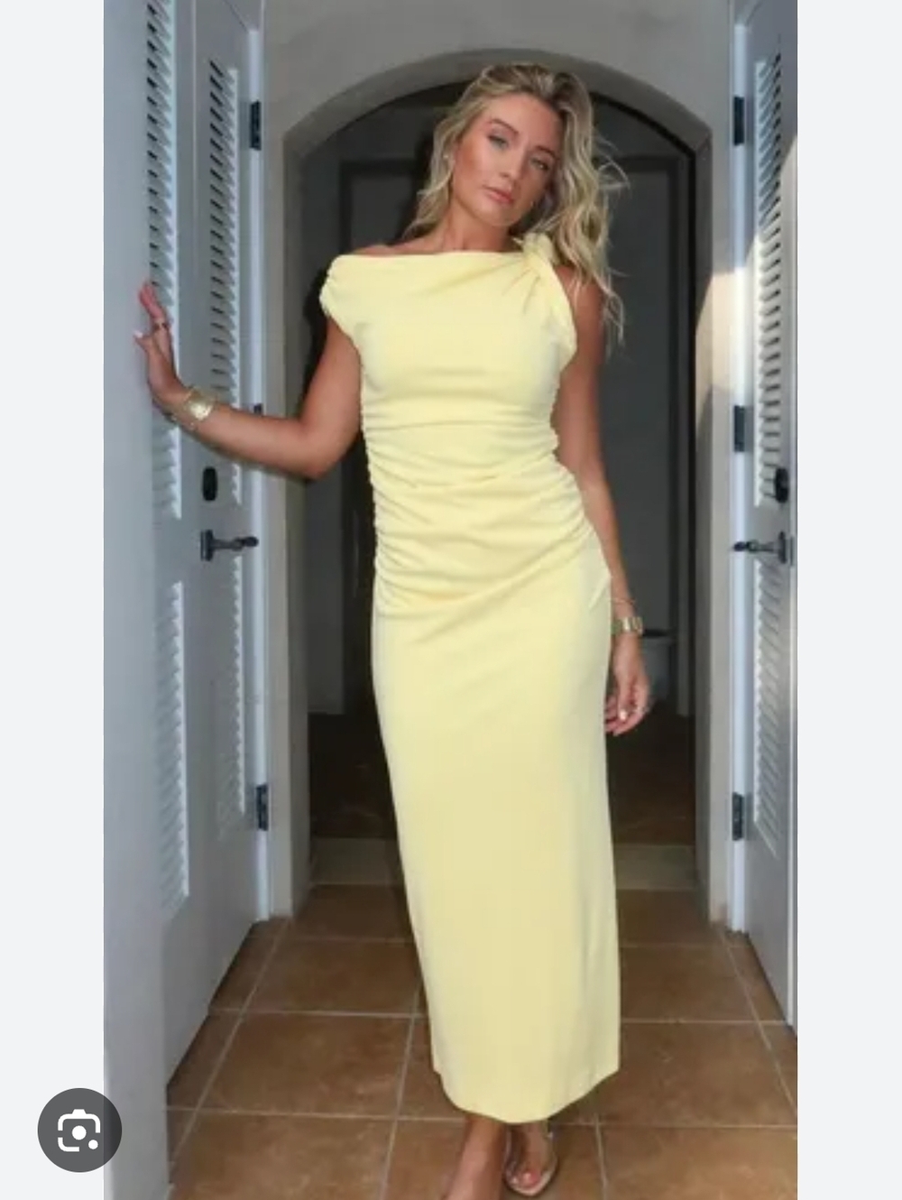Butter Yellow Draped One-Shoulder Maxi Fitted Bodycon Dress - Picture 4 of 9